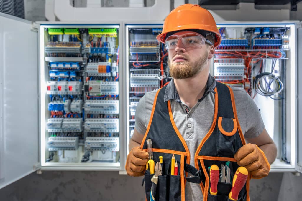 electrician man in overalls works in the switchboard. portrait of an electrician in overalls.